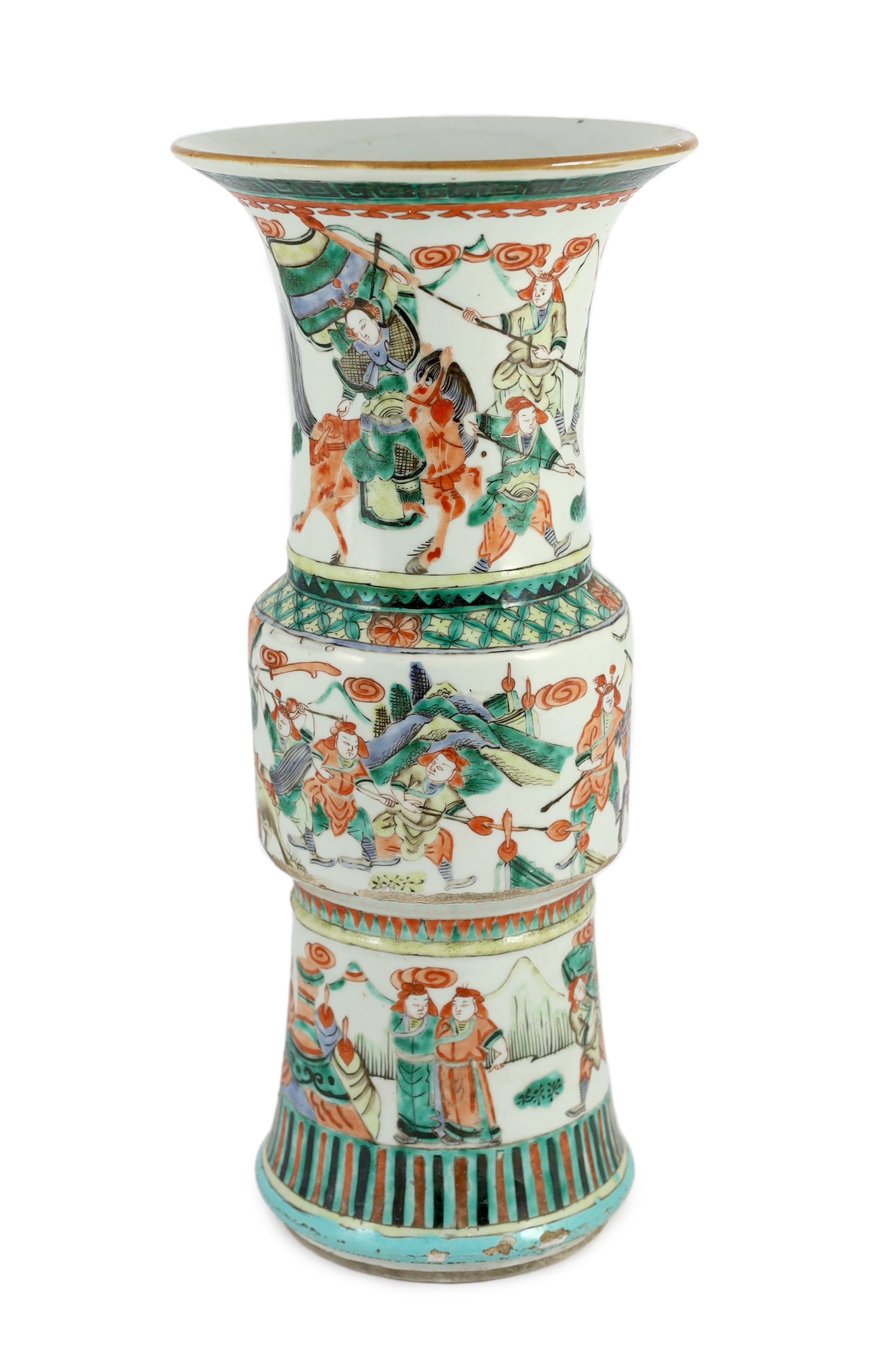 A Chinese famille verte beaker vase, gu, 19th century, 45cm high, glaze losses and damage to base